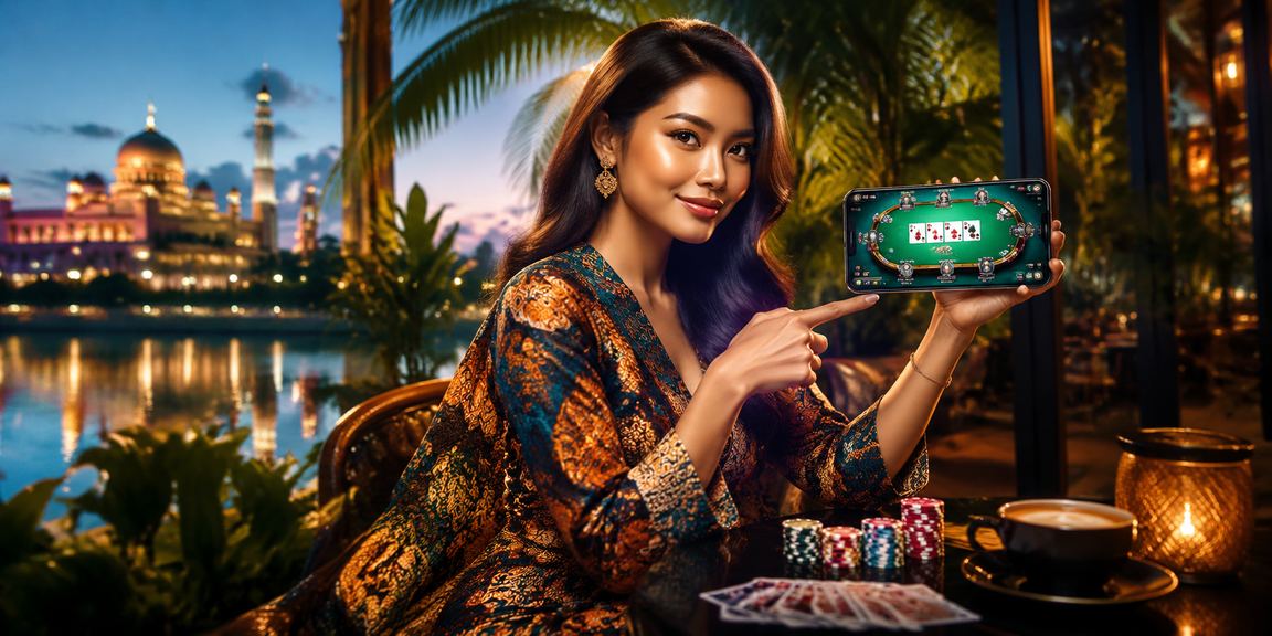Poker player in batik attire in Putrajaya accessing games via mobile device